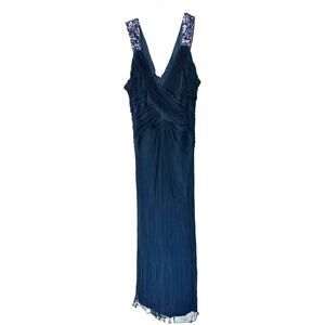 Tadashi Shoji Dress Navy Blue Sequin‎ Silk Sleeveless Formal Maxi Gown Size 16